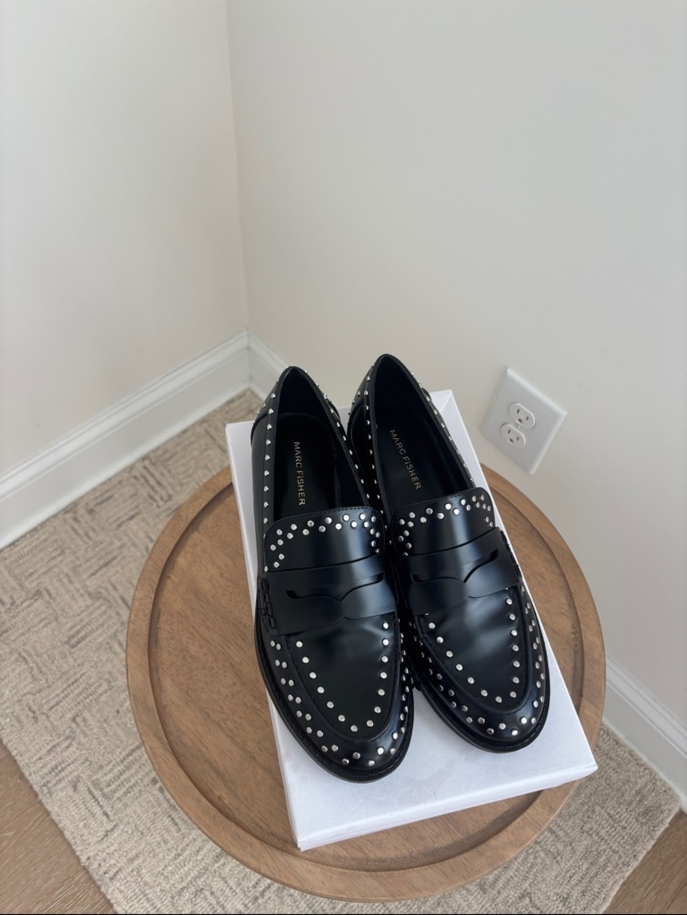 Marc Fisher Black Leather Studded Penny Loafers